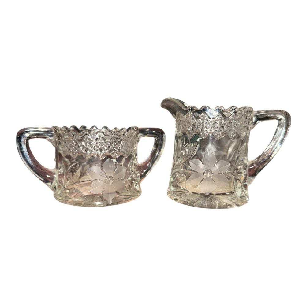 Vintage Pressed Glass Creamer And Sugar Set Floral Starburst Clear Glass